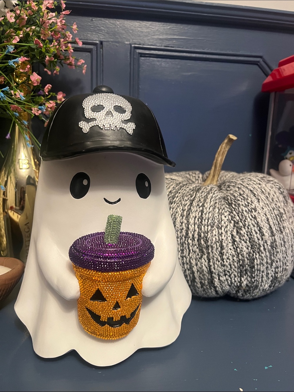 Halloween Ghost Black Cap and Beaded Pumpkin Cup